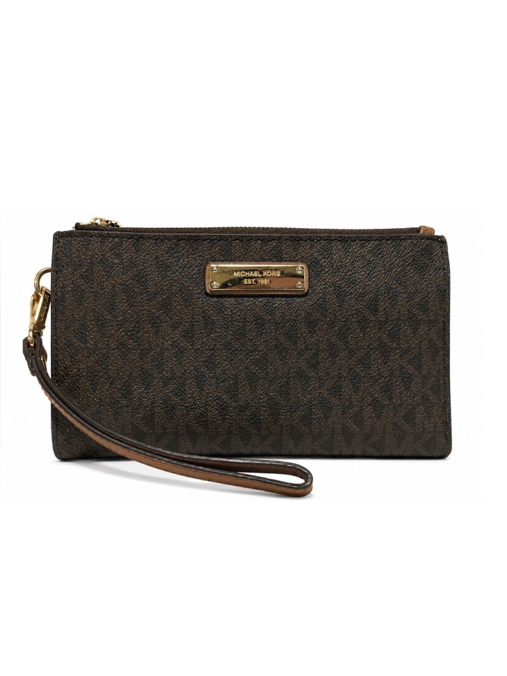Michael Kors Jet Set Double-Zip Signature Brown Wristlet Wallet.